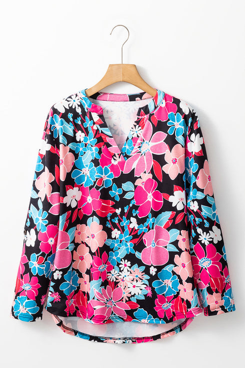 Vintage Floral Print V Neck Roll Tab Blouse