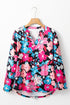 Vintage Floral Print V Neck Roll Tab Blouse