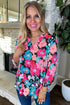 Vintage Floral Print V Neck Roll Tab Blouse