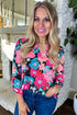 Vintage Floral Print V Neck Roll Tab Blouse