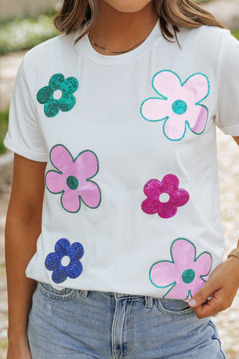 Vintage Floral Sequin Embellished Short Sleeve Graphic Tee