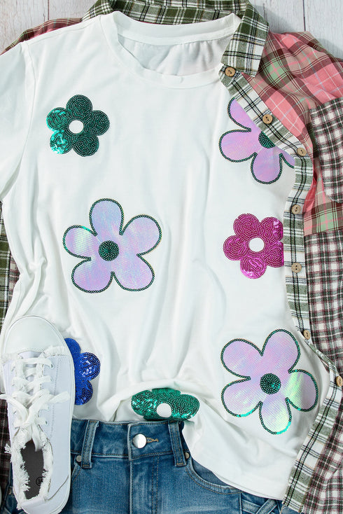 Vintage Floral Sequin Embellished Short Sleeve Graphic Tee