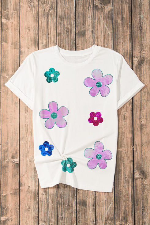 Vintage Floral Sequin Embellished Short Sleeve Graphic Tee