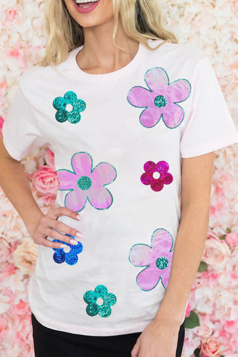 Vintage Floral Sequin Embellished Short Sleeve Graphic Tee
