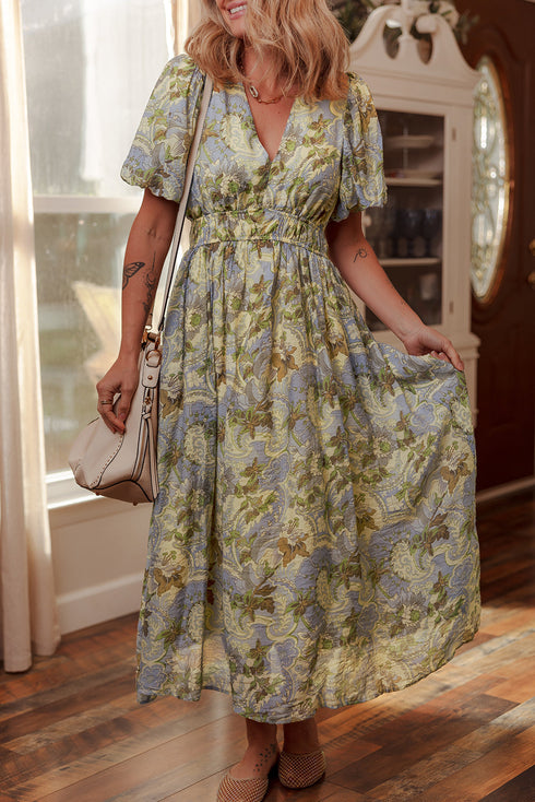 Vintage Floral Smocked V Neck Puff Sleeve Maxi Dress