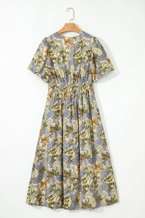 Vintage Floral Smocked V Neck Puff Sleeve Maxi Dress