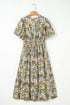 Vintage Floral Smocked V Neck Puff Sleeve Maxi Dress