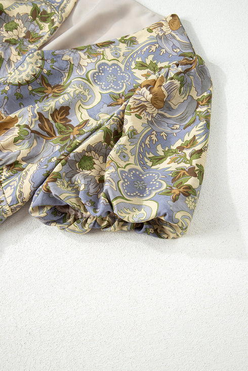 Vintage Floral Smocked V Neck Puff Sleeve Maxi Dress