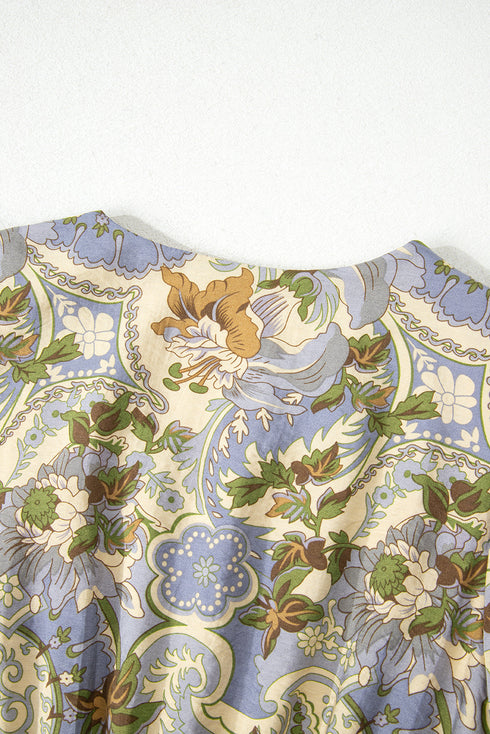 Vintage Floral Smocked V Neck Puff Sleeve Maxi Dress