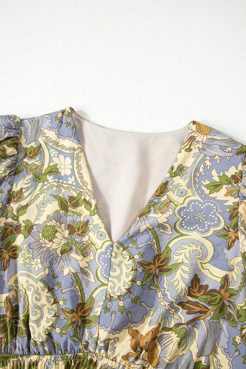 Vintage Floral Smocked V Neck Puff Sleeve Maxi Dress