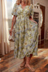 Vintage Floral Smocked V Neck Puff Sleeve Maxi Dress