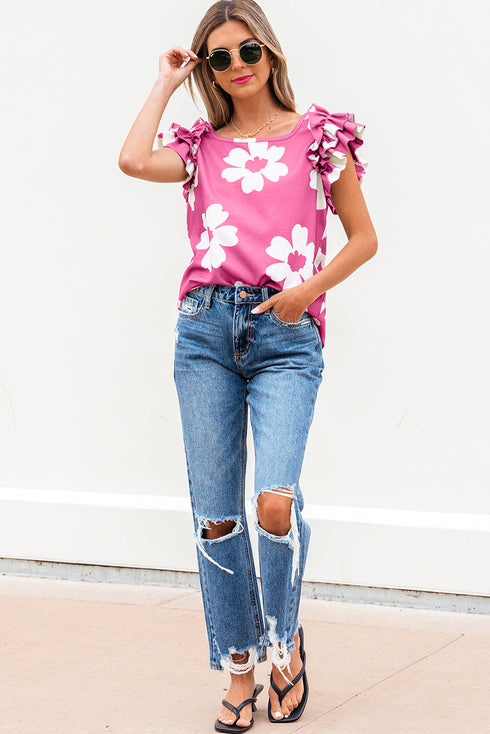 Vintage Floral Square Neck Ruffle Sleeve Textured Blouse