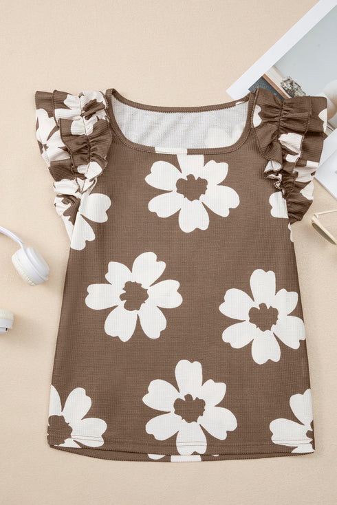 Vintage Floral Square Neck Ruffle Sleeve Textured Blouse