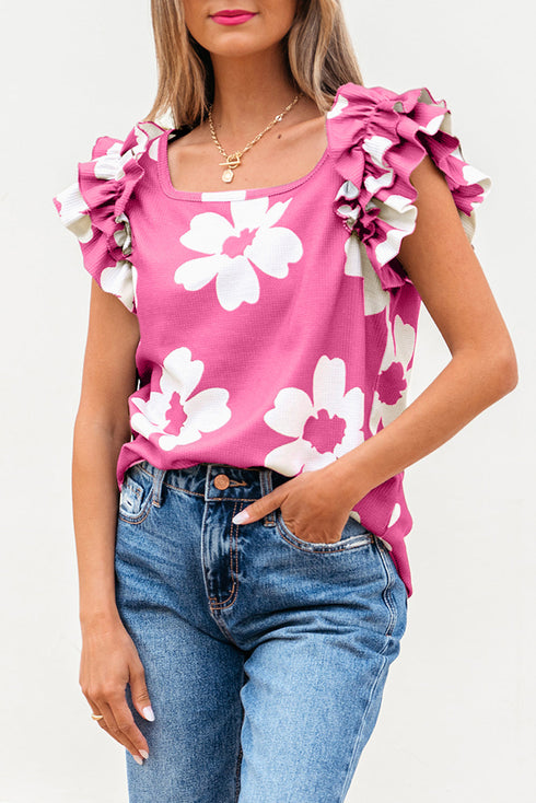 Vintage Floral Square Neck Ruffle Sleeve Textured Blouse