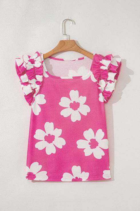 Vintage Floral Square Neck Ruffle Sleeve Textured Blouse