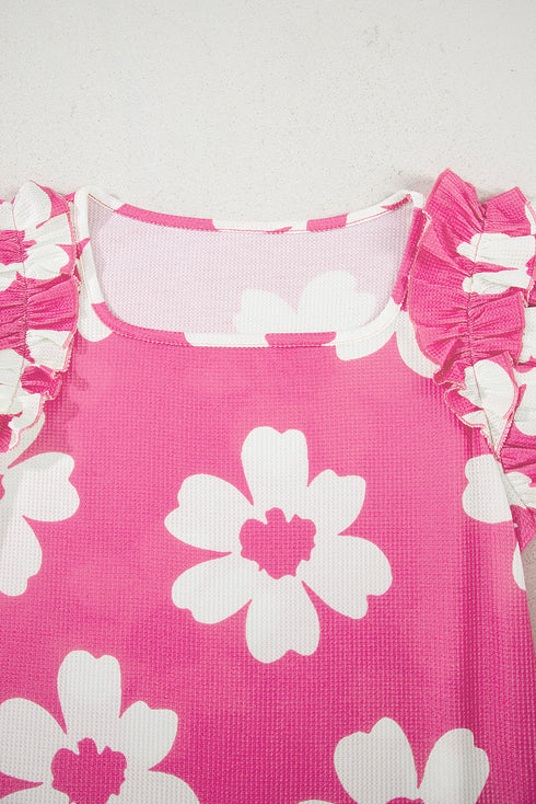 Vintage Floral Square Neck Ruffle Sleeve Textured Blouse
