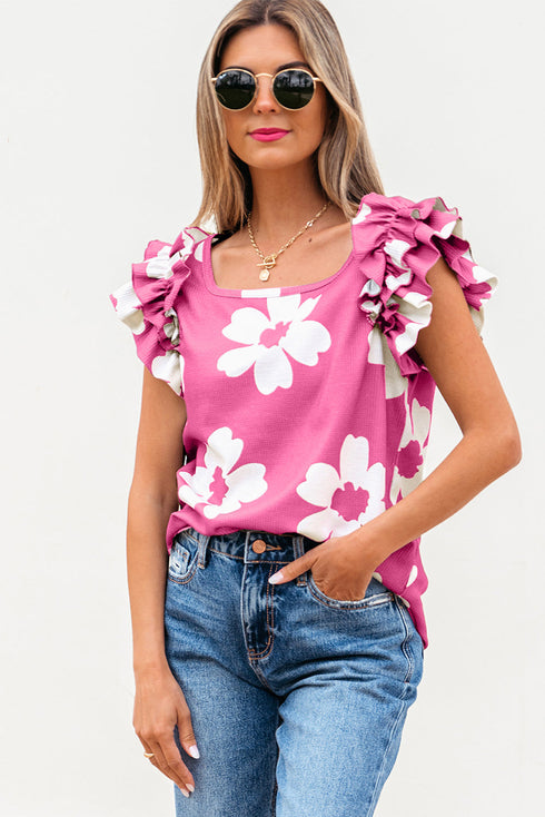 Vintage Floral Square Neck Ruffle Sleeve Textured Blouse