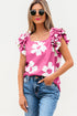 Vintage Floral Square Neck Ruffle Sleeve Textured Blouse