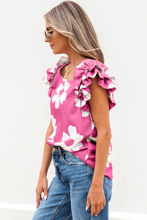 Vintage Floral Square Neck Ruffle Sleeve Textured Blouse