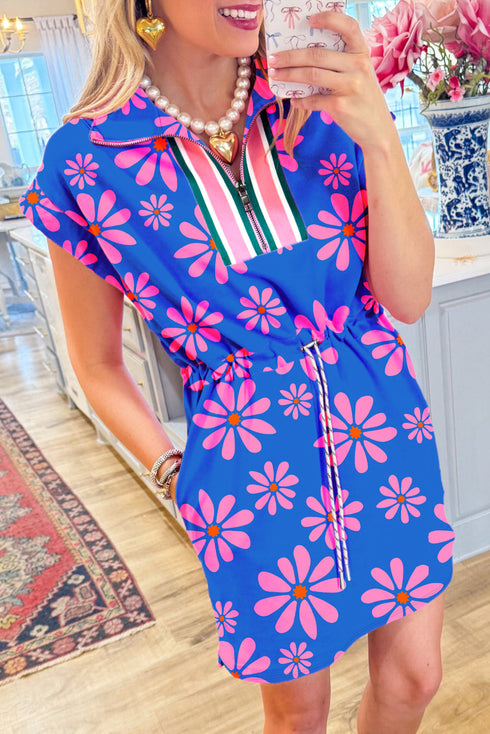 Vintage Floral Striped Quarter Zip Drawstring Mini Dress