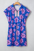 Vintage Floral Striped Quarter Zip Drawstring Mini Dress