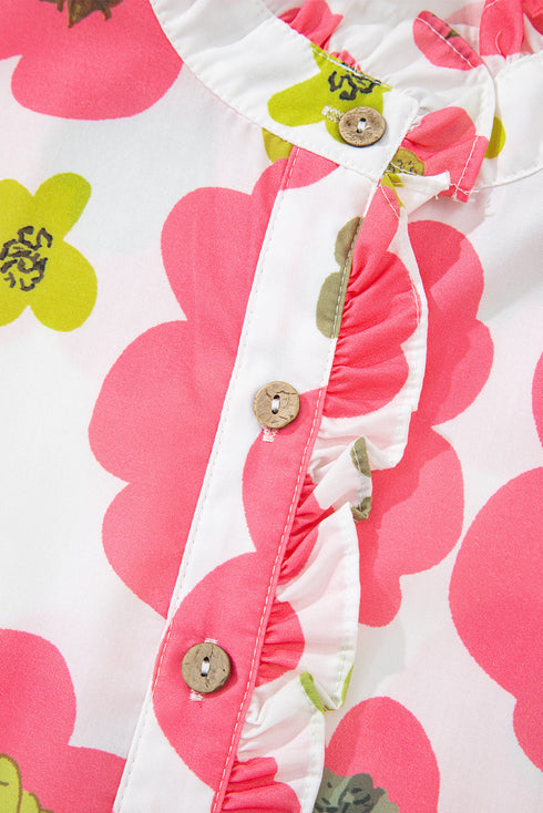 Vintage Floral Striped Ruffle Sleeve Button Collar Blouse