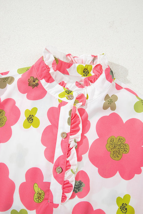 Vintage Floral Striped Ruffle Sleeve Button Collar Blouse