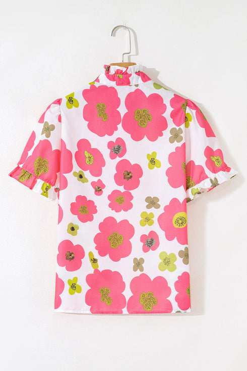 Vintage Floral Striped Ruffle Sleeve Button Collar Blouse