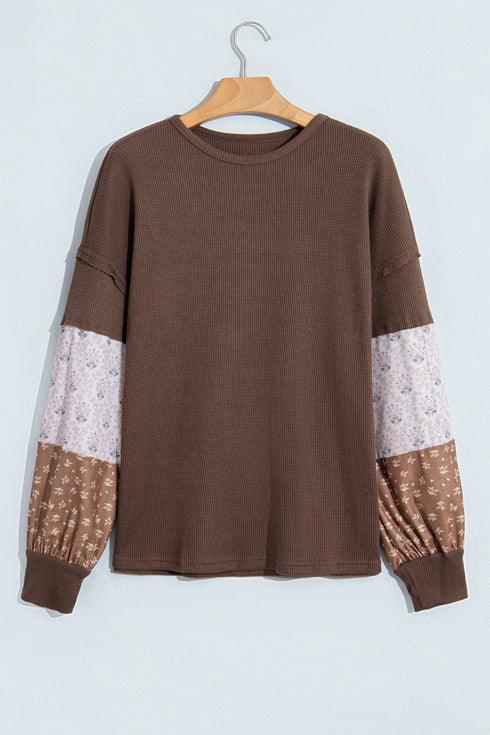Vintage Floral Waffle Texture Relaxed Pullover Tunic Top