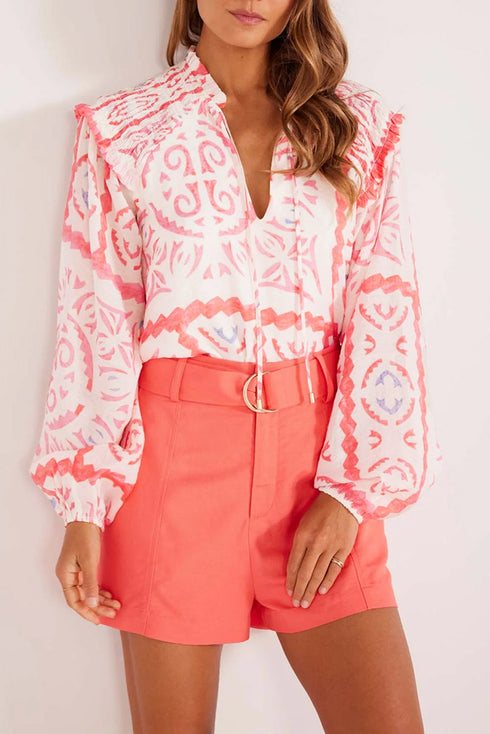Vintage Inspired Floral Smocked Poet Collar Billowy Blouse