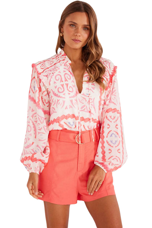 Vintage Inspired Floral Smocked Poet Collar Billowy Blouse