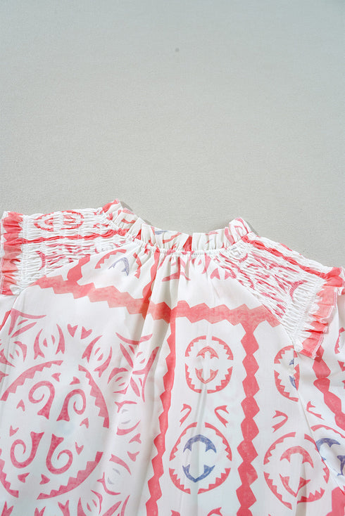 Vintage Inspired Floral Smocked Poet Collar Billowy Blouse