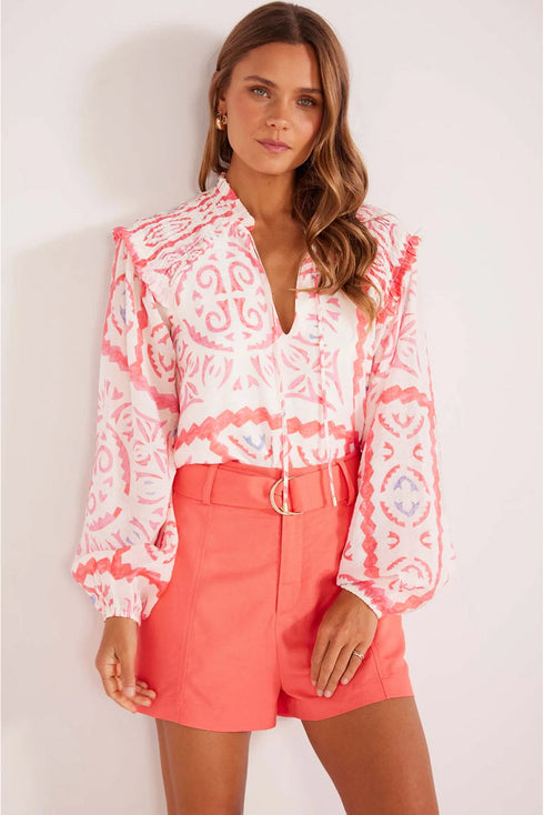 Vintage Inspired Floral Smocked Poet Collar Billowy Blouse