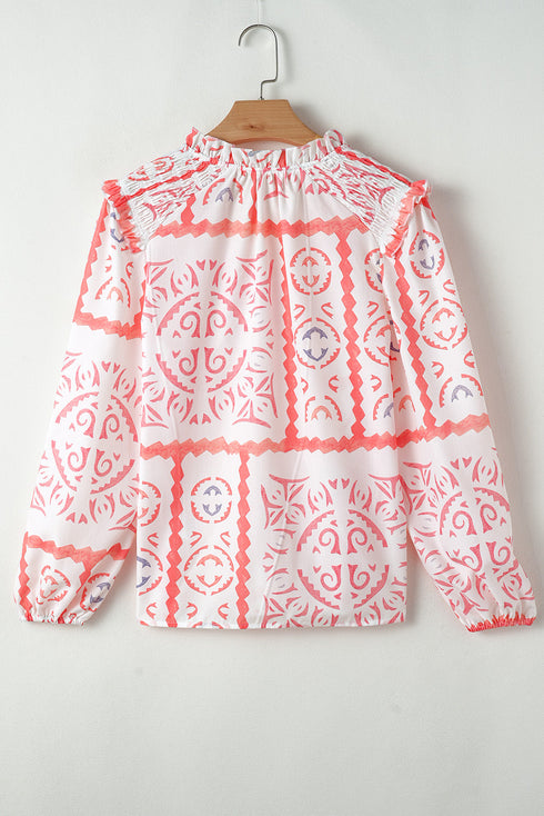 Vintage Inspired Floral Smocked Poet Collar Billowy Blouse