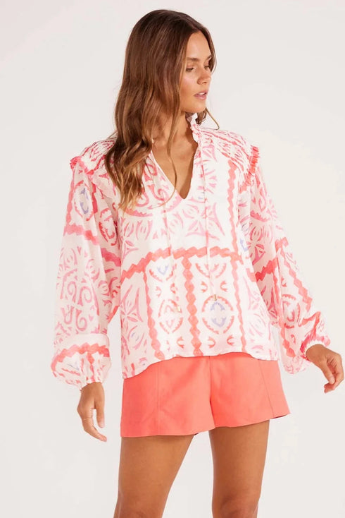 Vintage Inspired Floral Smocked Poet Collar Billowy Blouse