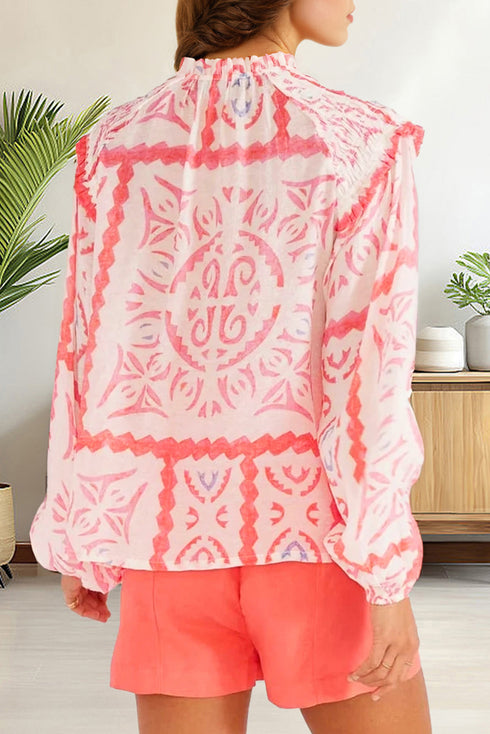 Vintage Inspired Floral Smocked Poet Collar Billowy Blouse