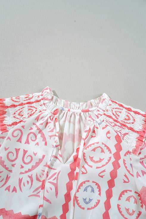 Vintage Inspired Floral Smocked Poet Collar Billowy Blouse