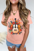 Vintage Inspired Guitar And Floral Graphic Print Loose Tee