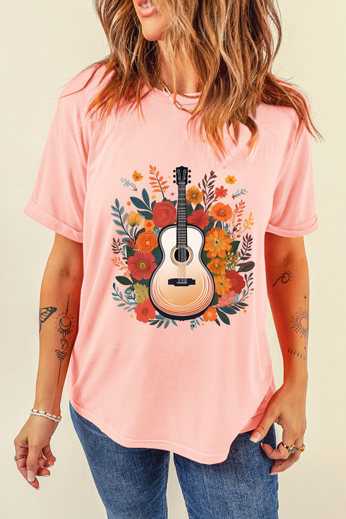 Vintage Inspired Guitar And Floral Graphic Print Loose Tee