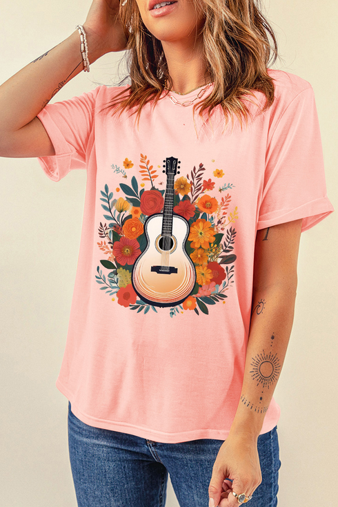 Vintage Inspired Guitar And Floral Graphic Print Loose Tee