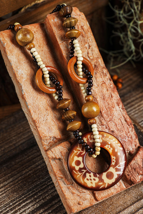 Vintage Inspired Western Wooden Beaded Pendant Necklace