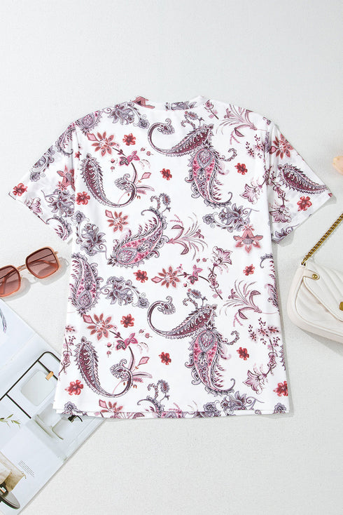 Vintage Paisley Print Sheer Mock Neck Western Top