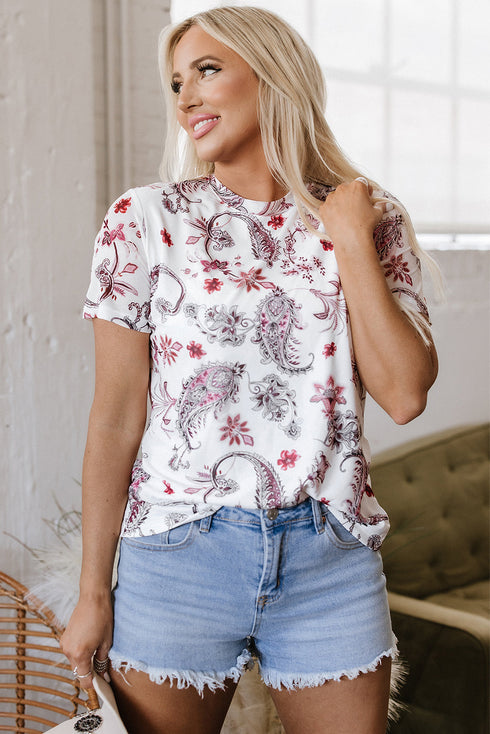 Vintage Paisley Print Sheer Mock Neck Western Top