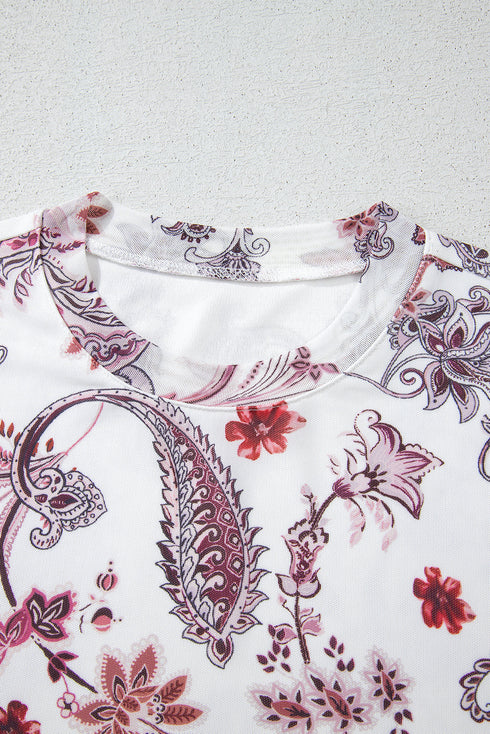 Vintage Paisley Print Sheer Mock Neck Western Top