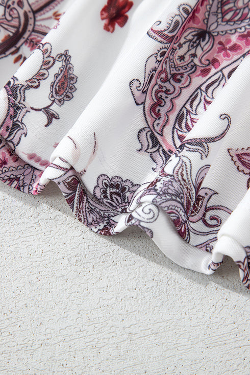 Vintage Paisley Print Sheer Mock Neck Western Top
