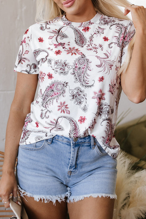 Vintage Paisley Print Sheer Mock Neck Western Top