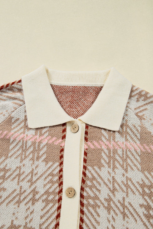 Vintage Pattern Ribbed Trim Button Front Knit Cardigan