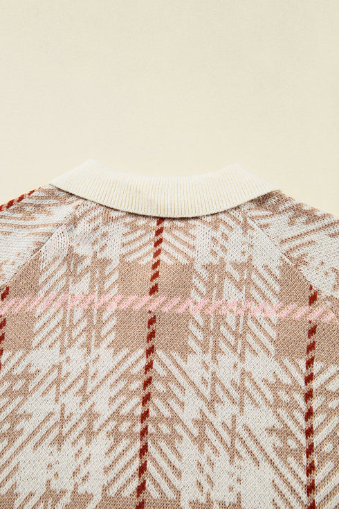 Vintage Pattern Ribbed Trim Button Front Knit Cardigan