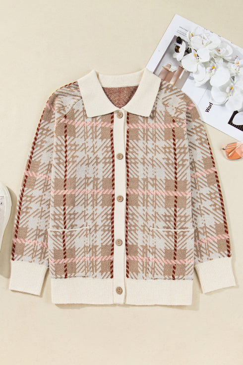 Vintage Pattern Ribbed Trim Button Front Knit Cardigan