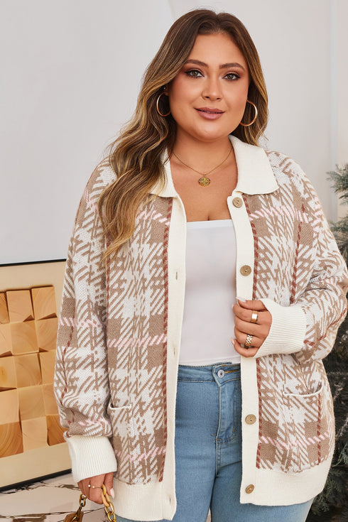 Vintage Pattern Ribbed Trim Button Front Knit Cardigan